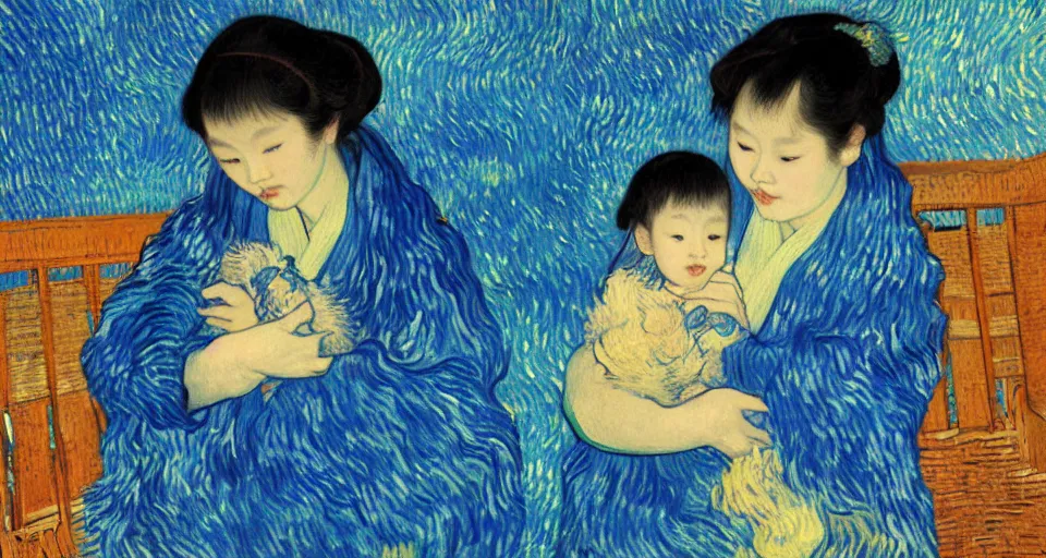 Prompt: A digital painting of a Japanese baby girl hold a blue furry bird, full of love and peace, storm outside the window, art by Vincent van Gogh and Gustav Klimt