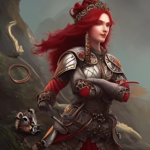 Image similar to a beautiful hyper realistic detailed epic concept art showing ( a noble knight women with red hair protected by ) the sacred raccoon, extremely detailed raccoon, by tom bagshaw, ross tran and bayard wu, in the style of dragon age, featured on artstation