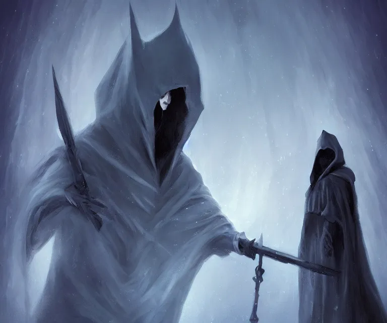 Prompt: a painting of a hooded figure with a giant ice sword in hell digital art by greg ruthowski, anato finnstark, dynamic poses, dark lighting, extremely detailedfeatured on artstation and art of the year on deviantart, brethtaking lighting