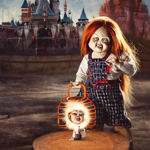 Image similar to the doll chucky in the middle of a cage fighting with doll annabelle, epic mma fight, dramatic poses, dolls are in motion, disneyland as backdrop, oil painting, by greg rutkowski