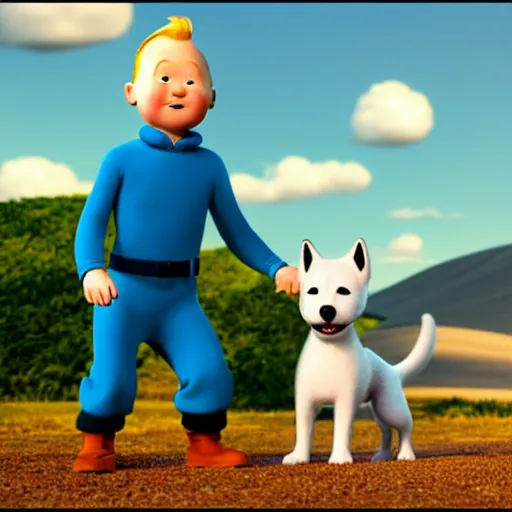 Image similar to tintin and his tiny white fox terrier, depicted as a pixar character, high quality cg render, 8 k