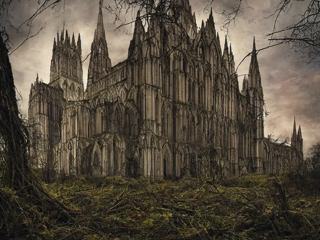 Prompt: Salisbury cathedral with a broken spire, post apocalyptic ruin, overgrown with vines, muted color, epic cinematography, dramatic lighting, fantasy art, trending on artstation