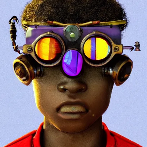 Prompt: colourful vfx upper half - portrait - art of a nigerian boy wearing steam punk goggles, art by utagawa kunisada & james jean, digital render, digital illustration, concept art, caricature, volumetric light, ray tracing, symmetrical, unreal engine, octane 3 d render, sharp, detailed, intricate detail, pinterest, behance, art station,