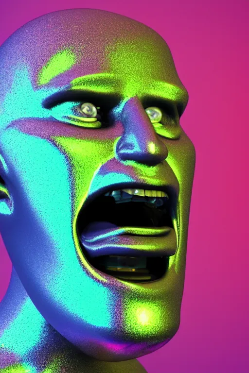 Image similar to 3d render of holographic angry human robotic screaming angry bust made of glossy iridescent, screaming, bust, surrealistic 3d illustration of a human non-binary, non binary model, 3d model human, cryengine, made of holographic texture, holographic material, holographic rainbow, concept of cyborg and artificial intelligence