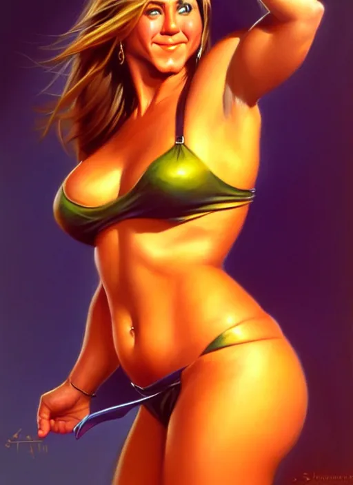 Image similar to portrait of cute young jennifer aniston as a slightly chubby amazon girl, full body, painted by stanley artgerm, boris vallejo, fantasy art, sleek curves, sharp focus, trending on artstation hq, deviantart