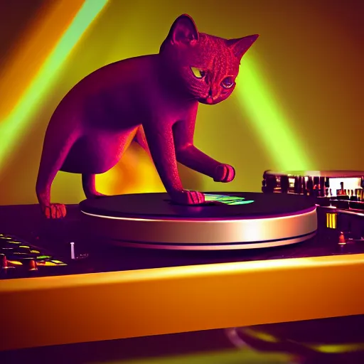 Image similar to anthropomorphic cat at a dj table spinning records, beautiful logo style, rendered in blender