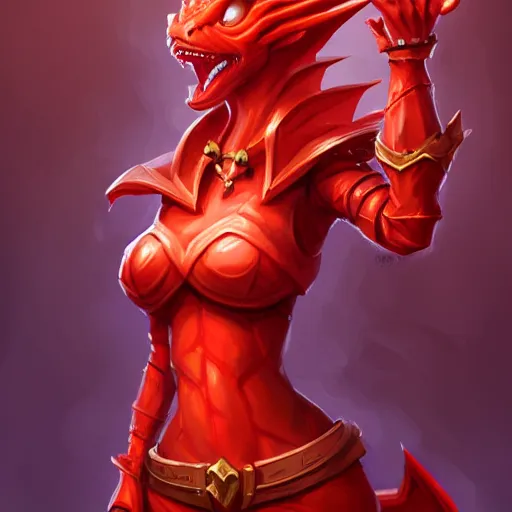 Image similar to female portrait anthropomorphic dragon wearing red clothes, Physically important : she has small head, Mega important : Hearthstone official splash art, perfect master piece, award winning, full body in the graphic style of Patrick Gleason, detailed art, trending on Artstation, sharp focus, comic art