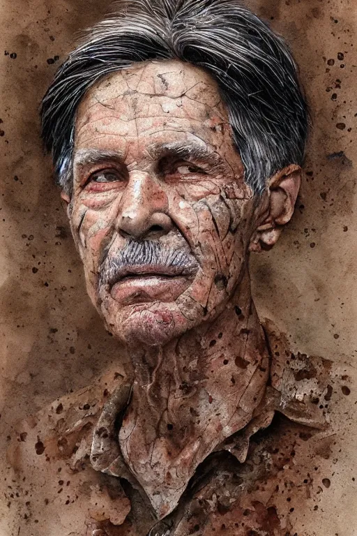 Prompt: portrait of a old man with aquarelle painted skin. trying to say something. close up. very dark brown hair, light eyes. intricate dark flowers pattern background, high detail, by Eddie Mendoza