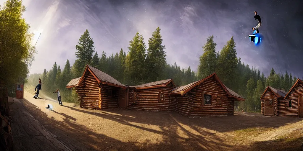 Prompt: a detailed beautiful matte painting of a skateboarder, kick flip, pilgrim village setting, log homes, dirt road, trees by Mikko Lagerstedt and Raphael Lacoste, graffiti by Fintan Magee, fisheye lens,