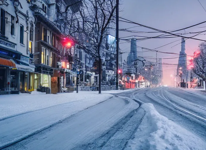 Image similar to a city street covered with snow, winter, dusk, futuristic city, robots populate the street, futuristic cars, extremely detailed, sharp focus, rule of thirds, award winning photography.