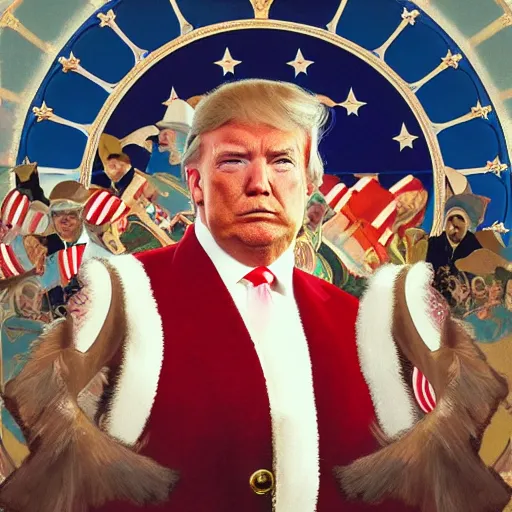 Image similar to a detailed matte portrait of donald trump as santa ana at the alamo, long twirling moustache, by alphonse mucha and albert bierstadt and thomas moran and charles russel, god rays, intricate detail, cinematic, 8 k, featured on artstation, pixiv