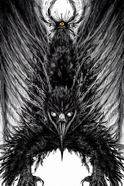 Prompt: crow monster, symmetrical, highly detailed, digital art, sharp focus, trending on art station, kentaro miura manga art style