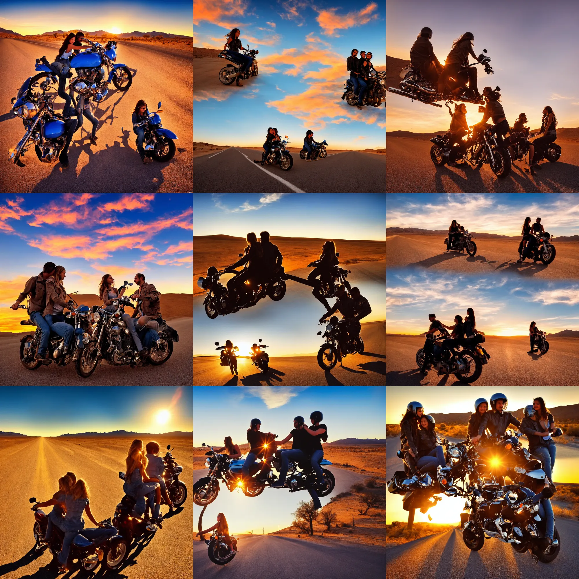 Prompt: hd wallpaper, romantic couple ride on motorbike, road california desert, sunset, blue sky, award winning photo