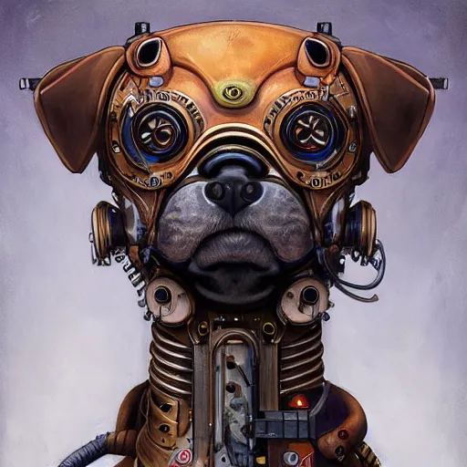 Image similar to portrait painting of a steampunk cyborg dog, transhumanism, ultra realistic, concept art, studio ghibli, intricate details, eerie highly detailed