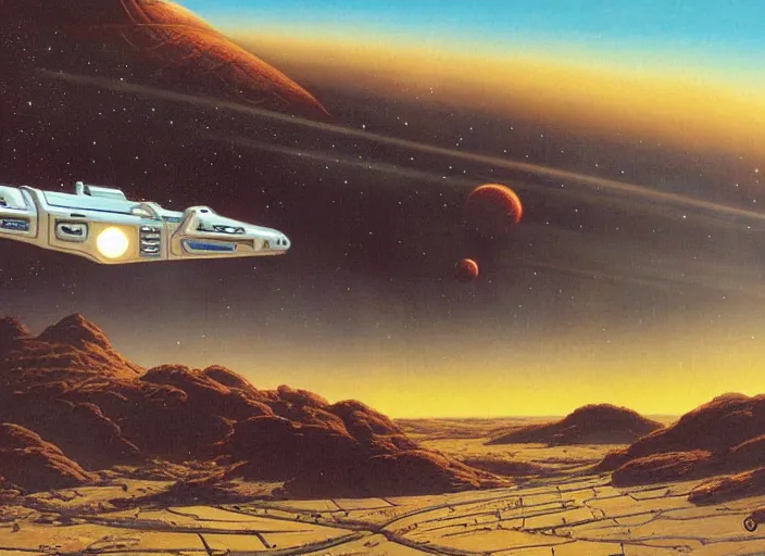 Image similar to a spaceship in a stunning landscape by peter elson