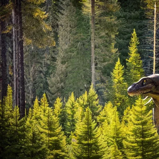 Image similar to a t - rex in the coniferous forest, background dolomites, cinematic, diffused light among the trees, artistic drawing