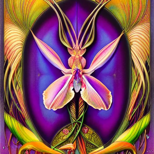 Image similar to majestic colorful orchid mantis enamel by jean delville, cloisonne, iridescent, black opals, beautiful hyperdetailed art nouveau orchids, ultrasharp photorealistic octane render