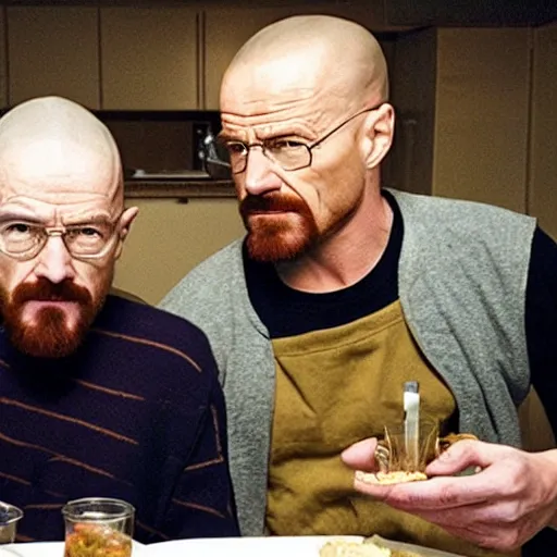 Image similar to walter white and jesse pinkman eating hamburger