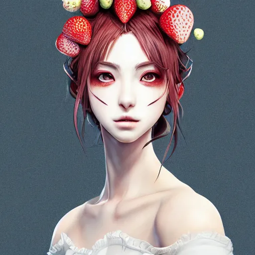 Image similar to the portrait of an absurdly beautiful, graceful, elegant, sophisticated, fashionable realistic anime woman made of strawberries and white petals with tears, an ultrafine hyperdetailed illustration by kim jung gi, irakli nadar, intricate linework, bright colors, octopath traveler, final fantasy, unreal engine 5 highly rendered, global illumination, radiant light, detailed and intricate environment