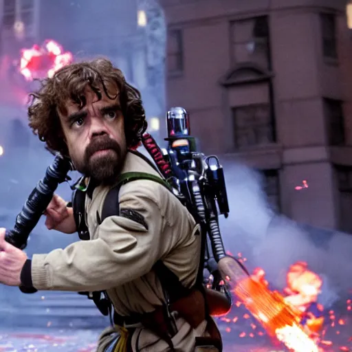 Image similar to stunning awe inspiring peter dinklage as a ghostbuster in the movie ghostbusters, movie still 8 k hdr atmospheric lighting