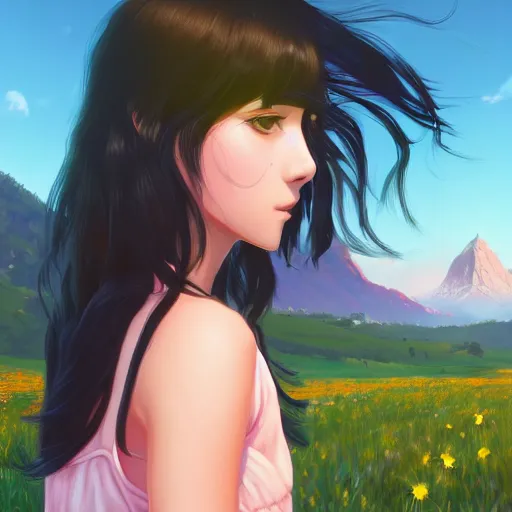 Image similar to portrait of teen girl with long black hair and bangs, detailed facial features, beautiful face, flower fields and mountains in the background, digital painting, artstation, highly detailed, by makoto shinkai and thomas kindle and James gilleard