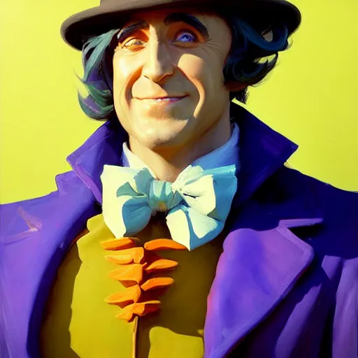 Prompt: Greg Manchess portrait painting of Willy Wonka as Overwatch character, medium shot, asymmetrical, profile picture, Organic Painting, sunny day, Matte Painting, bold shapes, hard edges, street art, trending on artstation, by Huang Guangjian and Gil Elvgren and Sachin Teng