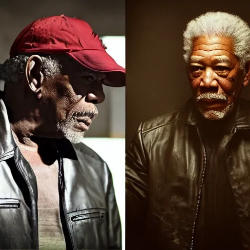 Image similar to photo of Morgan Freeman dressed as Negan, black leather jacket, mischievous look with his barbed baseball bat Lucille on his shoulder, in the style of Peter Lindbergh, white fog, octane render