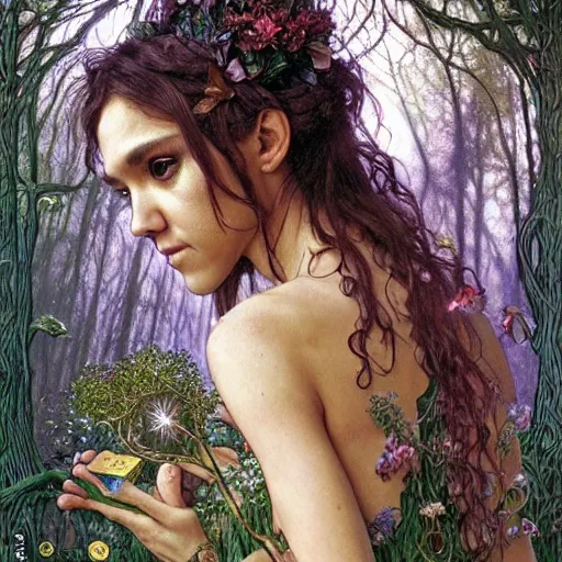 Image similar to head and shoulders portrait of a flowering fey fairy warlock portrayed by young jessica alba, in a magical forest, d & d, fantasy, luis royo, magali villeneuve, donato giancola, wlop, krenz cushart, hans zatka, klimt, alphonse mucha