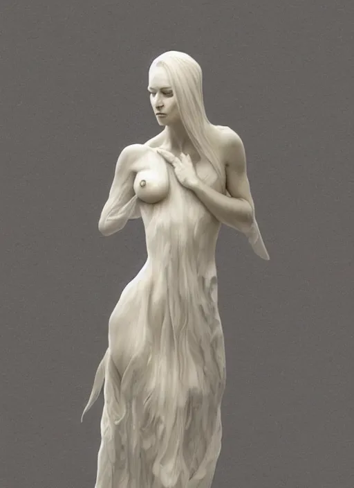 Image similar to marble sculpture of beautiful woman, flowing fabric by ruan jia, greg rutkowski, mucha, zbrush, mandelbulb ivory