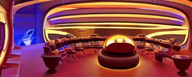 Prompt: cinematic, interior of ten forward futuristic lounge in star trek