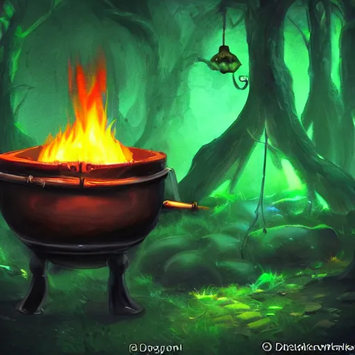 Prompt: a black cauldron filled with a magical green glowing liquid hanging in the air, campfire below the cauldron, night, fantasy, digital art, mysterious, realistic