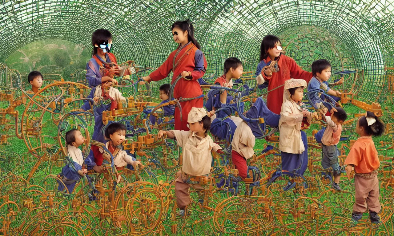 Prompt: very very beautiful portrait a chinese child, an african child, an indian child, and a caucasian child playing in harmony with nature, surrounded by biomechanical farming machinery, detailed realistic smiling faces, surrounded by advanced elegant factory machinery, galaxy and stars visible through the hexagonal glass roof, biomechanical, symmetrical, sunrise, golden ratio, elegant, visionary, streamlined, elite, lush, atmospheric, volumetric lighting, haunting, wide angle, cinematic, trending on artstation, unreal engine, 8k, vivid and vibrant