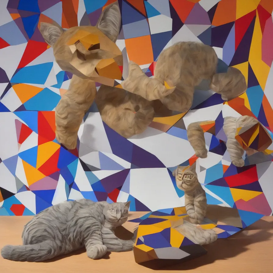 Prompt: beautiful gallery show studio photograph of a giant realistic geometric ceramic sculpture of garfield and nermal cat!!!!, heavily glazed by bridget riley and victor vasarely, placed on a polished wooden table, colorful hyperrealism 8 k trending on artstation