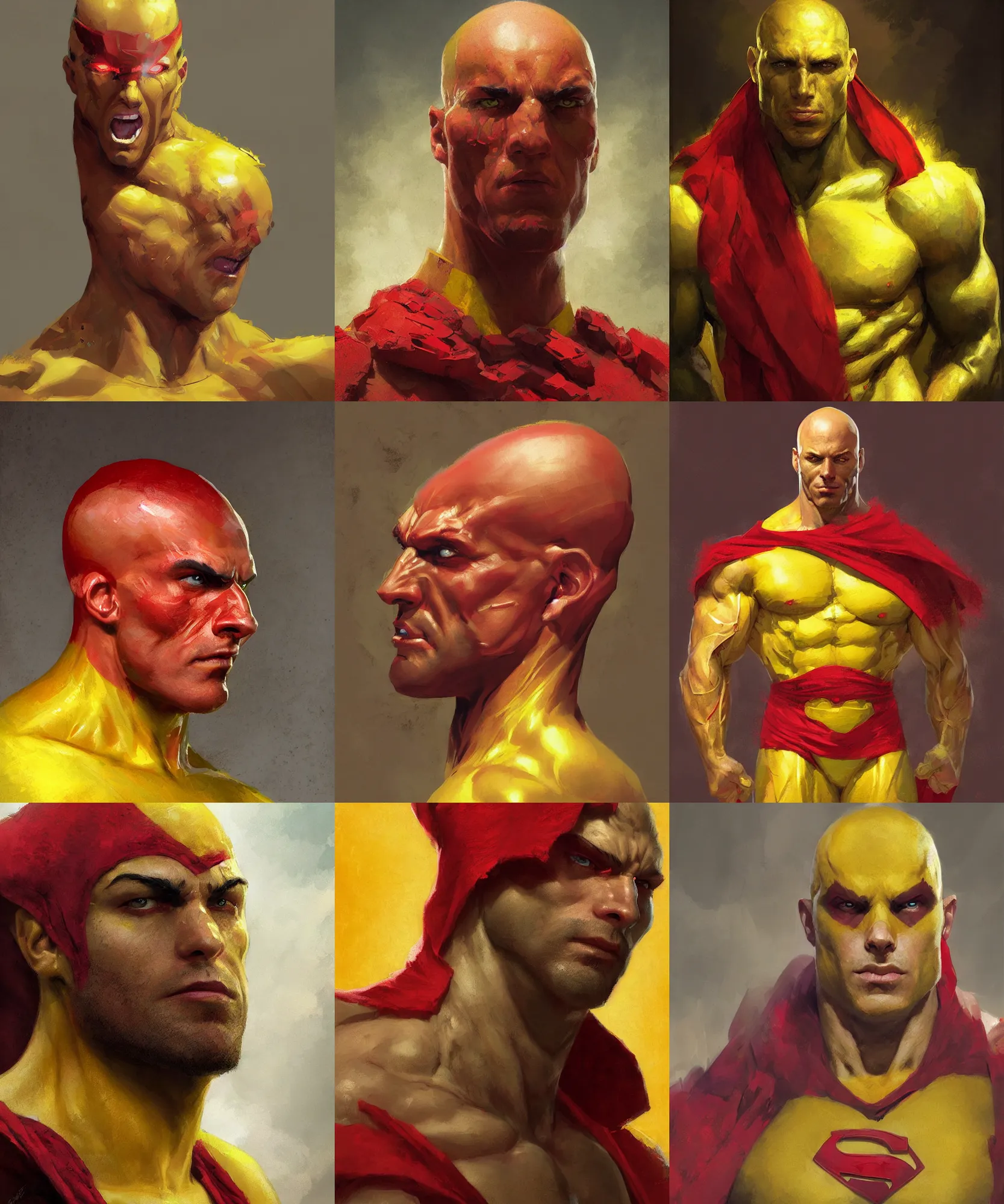 Prompt: digital art painting of a muscular bald young man, wearing a yellow superhero costume and a red cape, painted by craig mullins and gaston bussiere and greg rutkowski, symmetrical face, defined facial features, symmetrical facial features, dramatic lighting, close up