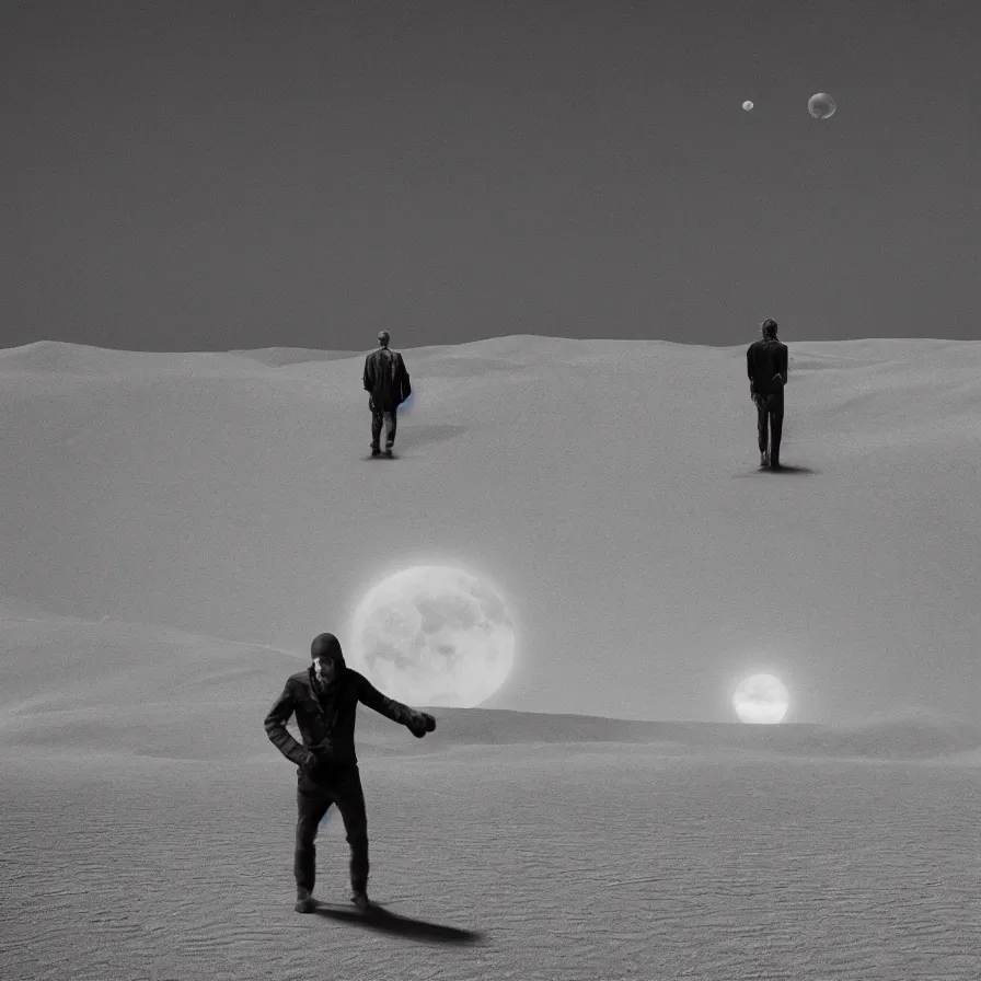 Prompt: a surreal landscape of a frightened man chased by ghosts in a vast desert lit by two scary moons