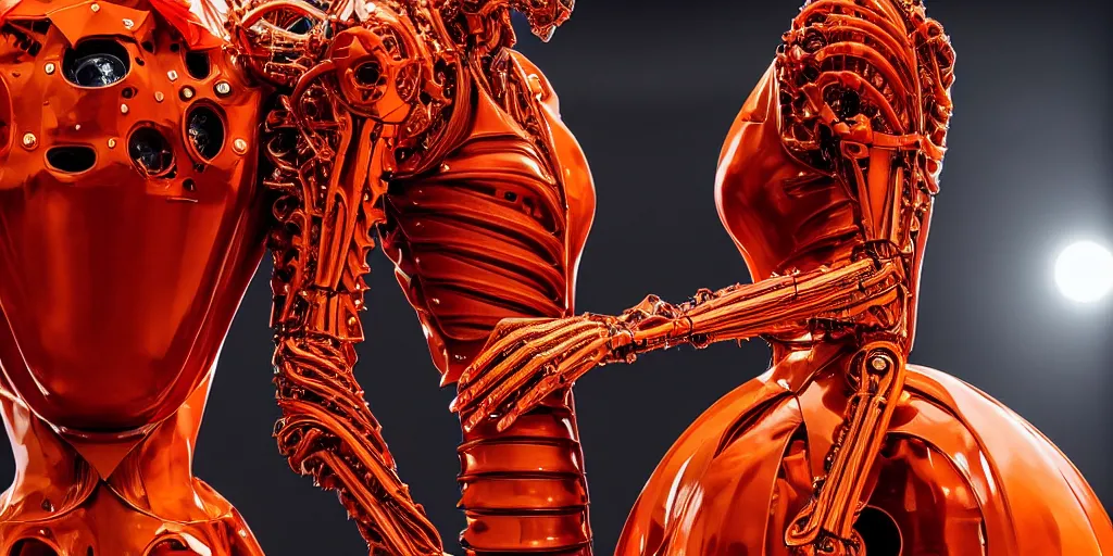 Image similar to walking down the catwalk, star base, vogue photo, podium, fashion show photo, iris van herpen baroque dress, beautiful woman, perfect body, full body shot, helmet on face, inflateble shapes, masterpiece, guyver, biomechanical details, denis villeneuve, movie still, fauvism, cinestill, bokeh, artstation