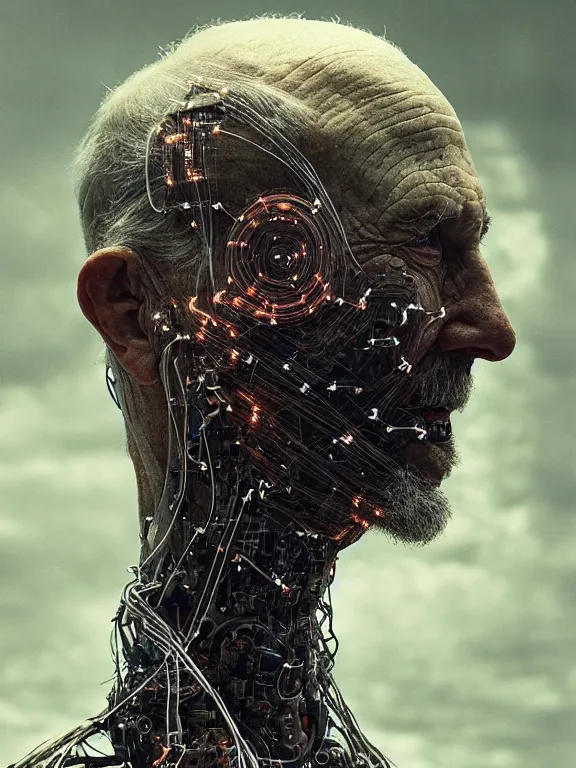 Prompt: portrait of old man, skin peeling to reveal robotic circuitry, wires, art by ryo shiotani and greg rutkowski, intricate, beautiful, portrait photography, cinematic lighting, vintage art by serge ivanoff, high resolution, very detailed