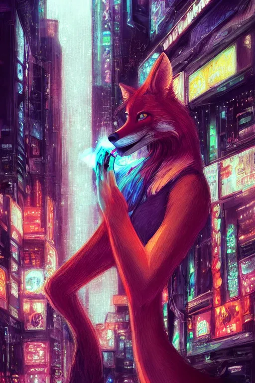 Prompt: beautiful portrait of a tall female anthro fox smoking a cigarette in a bustling crowd of a rainy city street, cyberpunk, harsh neon lights, highly detailed, digital painting, illustration, art by sakimichan, artgerm