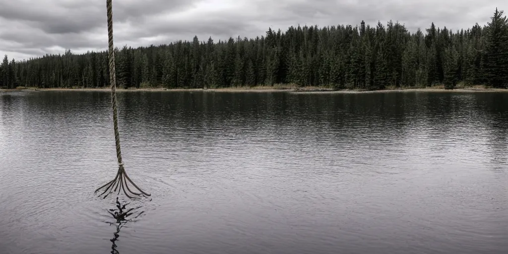 Image similar to centered photograph of a long rope zig zagging across the surface of the water, floating submerged rope stretching out towards the center of the lake, a dark lake on a cloudy day, color film, trees in the background, hyperedetailed photo, moody volumetric, anamorphic lens