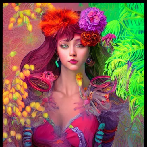 Image similar to a photograpic portrait of a anthropomorphic mimosa wearing colorful neon clothes, fantasy, intricate, elegant, highly detailed, digital painting, artstation, concept art, smooth, sharp focus, illustration, art by artgerm and H R Giger and alphonse mucha