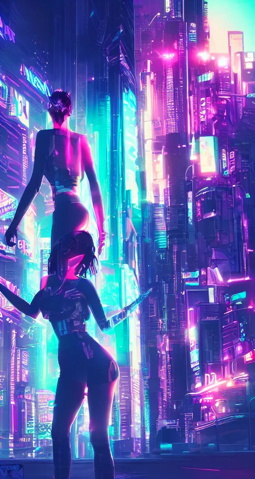 Image similar to cyberpunk women, high detail, city, neon lights, glow, sunset, atmospheric, cinematic, in style of retrowave ,