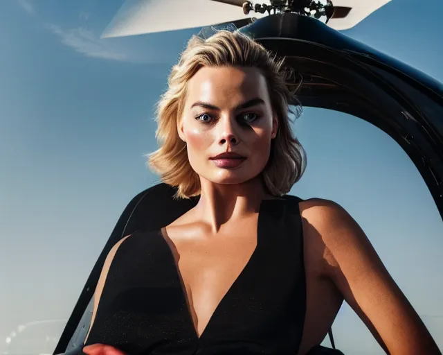 Prompt: a photo of margot robbie sitting on a helicopter, hyper realistic face, beautiful eyes, cinematic, long shot, hyper detailed, 8 5 mm photograph, 8 k resolution, film still, sharp lens, wide lens