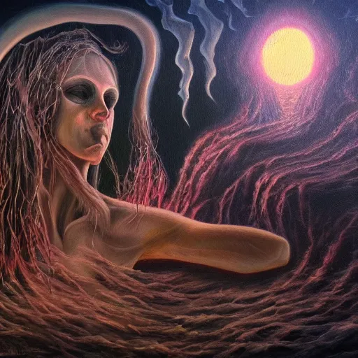 Image similar to brining healing to the underworld astral realm death journey in oil painting, trending on artstation, award winning, emotional, highly detailed dark surrealist art