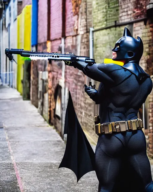 Image similar to happy batman firing super soaker water gun at playful criminals in an alleyway, everyone having fun, product advertisement, photography