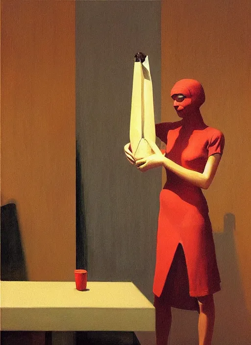 Prompt: women in paper bag over the head and a sward at catwalk restaurant Edward Hopper and James Gilleard, Zdzislaw Beksinski, highly detailed