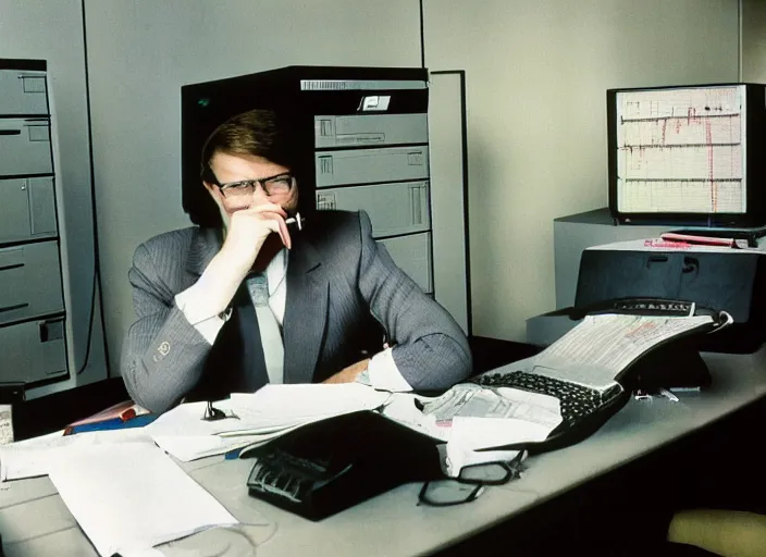 Prompt: color photo. stock market. handsome photomodel sitting by his 8 0's computer in the 8 0's smoking a cigarette