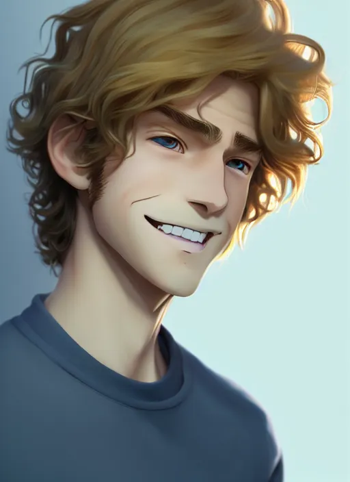 Image similar to young man with medium - length, curly, golden hair, perfectly proportioned face, aquamarine eyes, smile, natural lighting, path traced, highly detailed, high quality, cartoon, digital painting, by new haicheng and studio ghibli