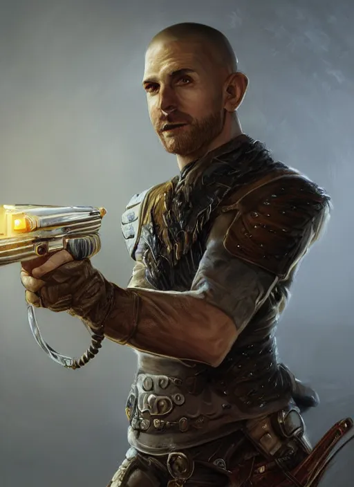 Image similar to buzzcut hair stubble male gunslinger shooter, dndbeyond, bright, realistic, dnd character portrait, full body, art by ralph horsley, dnd, rpg, lotr game design fanart by concept art, behance hd, artstation, deviantart, global illumination radiating a glowing aura global illumination ray tracing hdr render in unreal engine 5