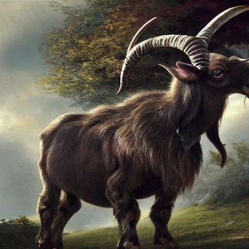 Image similar to hyperrealistic photo of a savage, deformed goat hybrid beast with ram's horns and sharp fangs, attacking a small medieval village