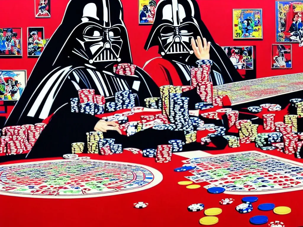 Image similar to hyper - realistic composition of a large room with an extremely detailed poker table in the center, woman in traditional japanese kimono standing nearby, darth vader sitting at the table, fireworks in the background, pop art style, jackie tsai style, andy warhol style, acrylic on canvas, dull palette